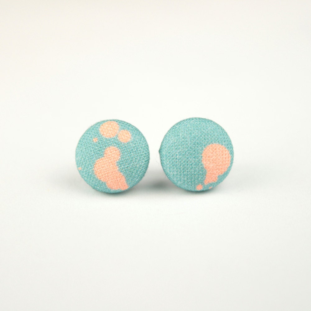 Teal and Coral Splatter Paint Fabric Covered Button Earrings