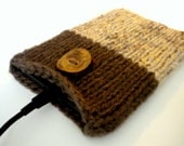 Kindle Cover Knit in Brown and Tan with flecks of Gold and Natural Wood Button From GRANDMABEEHIVE