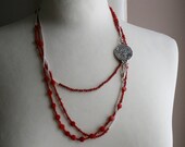 Extra long, delicate, vibrant red bamboo coral necklace with sterling silver lace cast