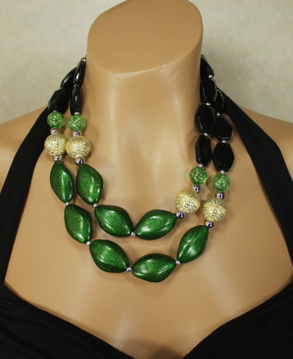 Chunky Emerald Green and Gold Multi Strand Statement Necklace, Mandala