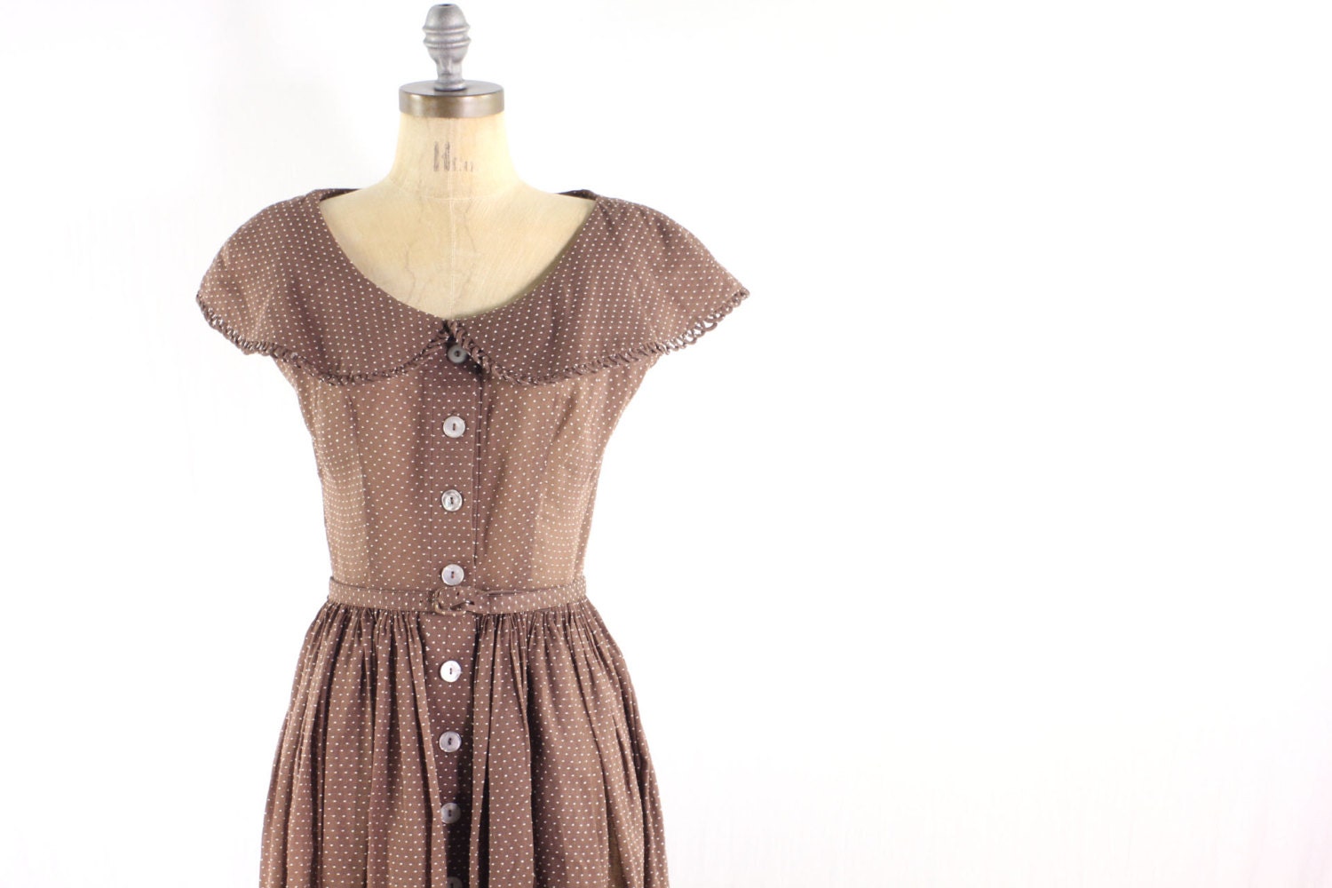 50s Brown Dress . Polkadot Retro Rockabilly . XS
