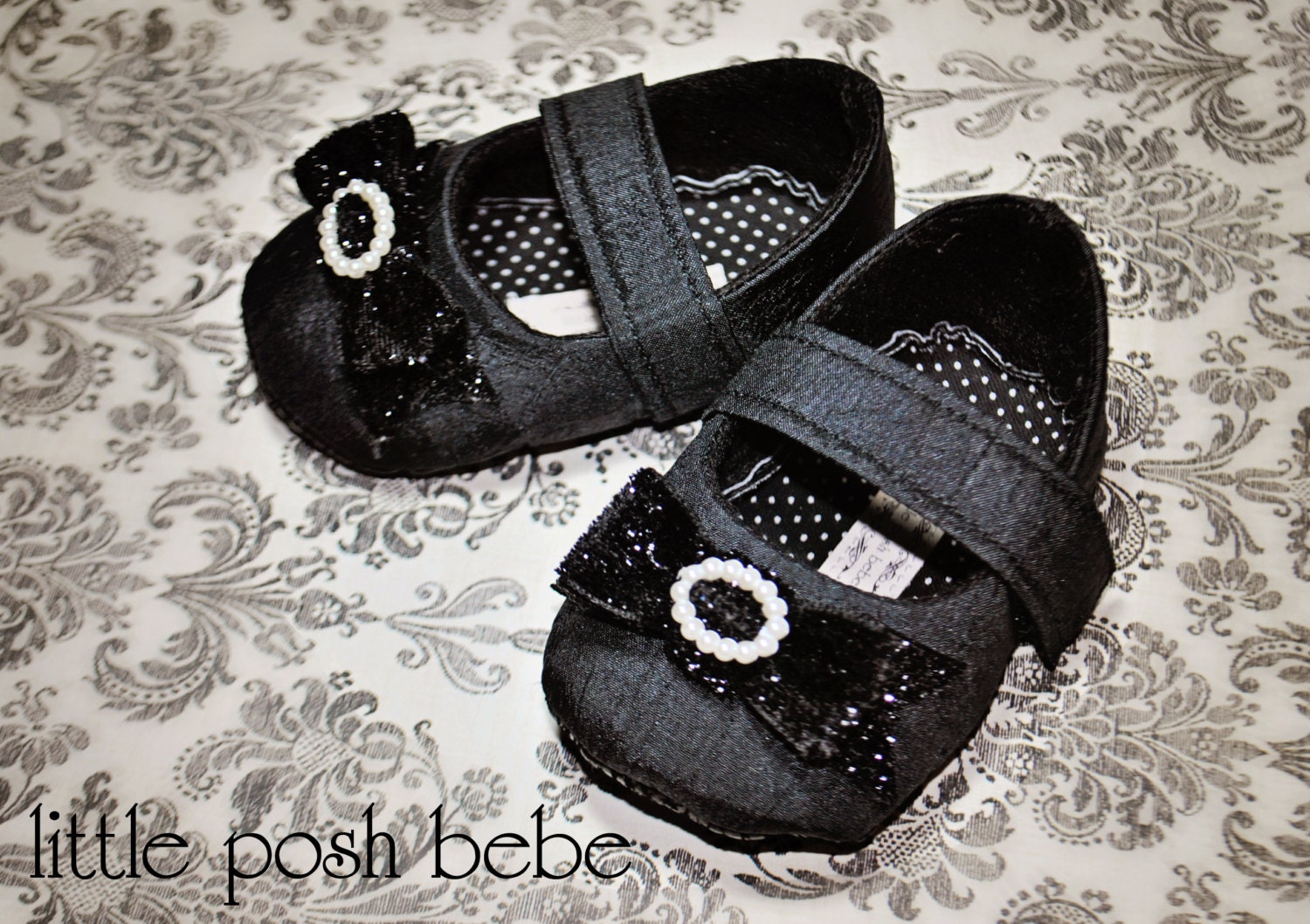 Toddler Shoes Kate Black Mary Janes with Sparkly Bow and Ivory Pearl Embellishment  (Size 5-13)