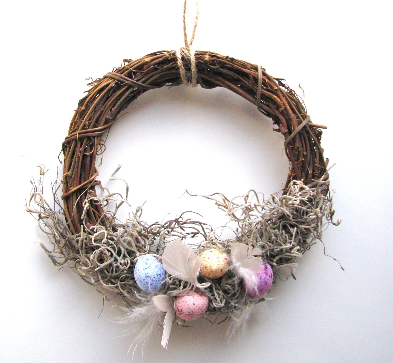 Easter Wreath Pastel Eggs Feathers and Moss