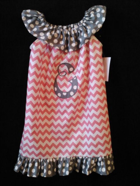 Pink chevron ruffled Neck dress with gray Polka Dot applique Initial size 12 months to size 6x