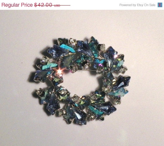 Designer Signed Vintage Vendome Blue Rhinestone Brooch  / Free Shipping in USA