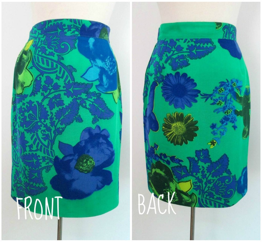 High Waisted Pencil Skirt Vintage 1980s 1990s Emerald Green Royal Blue
