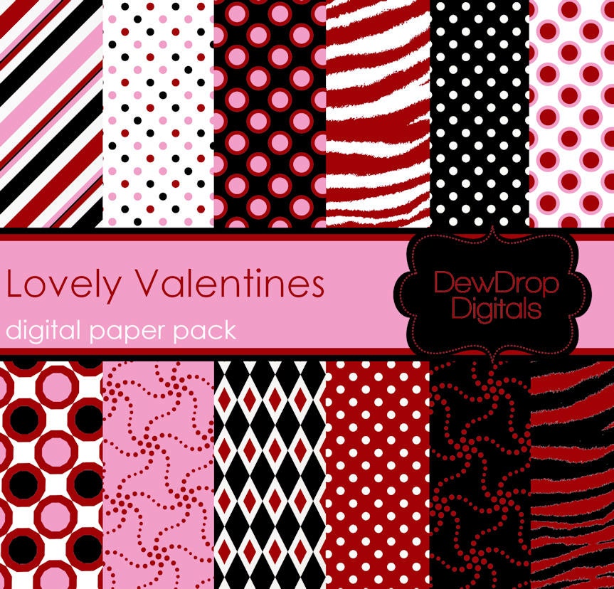 INSTANT Download Digital Scrapbooking Paper Pack Fun Valentine Red Pink Black and White Scrapbook Papers Kit Valentines Day