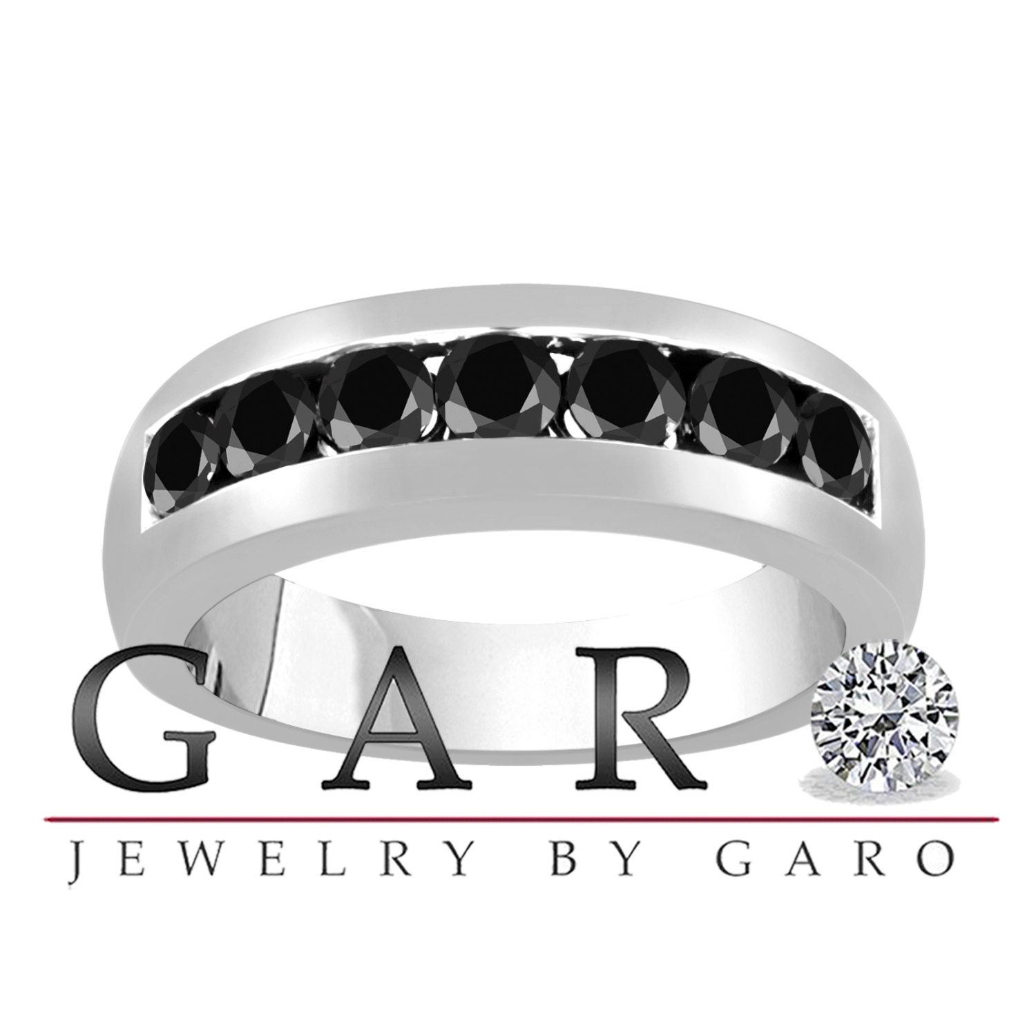 Unisex 1.00 Carat 14K White Gold 7 Stone Wedding & Anniversary Black Diamond Band Canal Set 6 mm Handmade