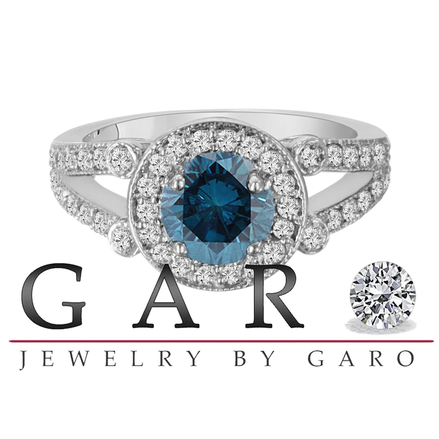 18k White Gold 1.54 Carat Certified Fancy Blue & White Diamond Unique Halo Engagement Ring Split Shank HandMade