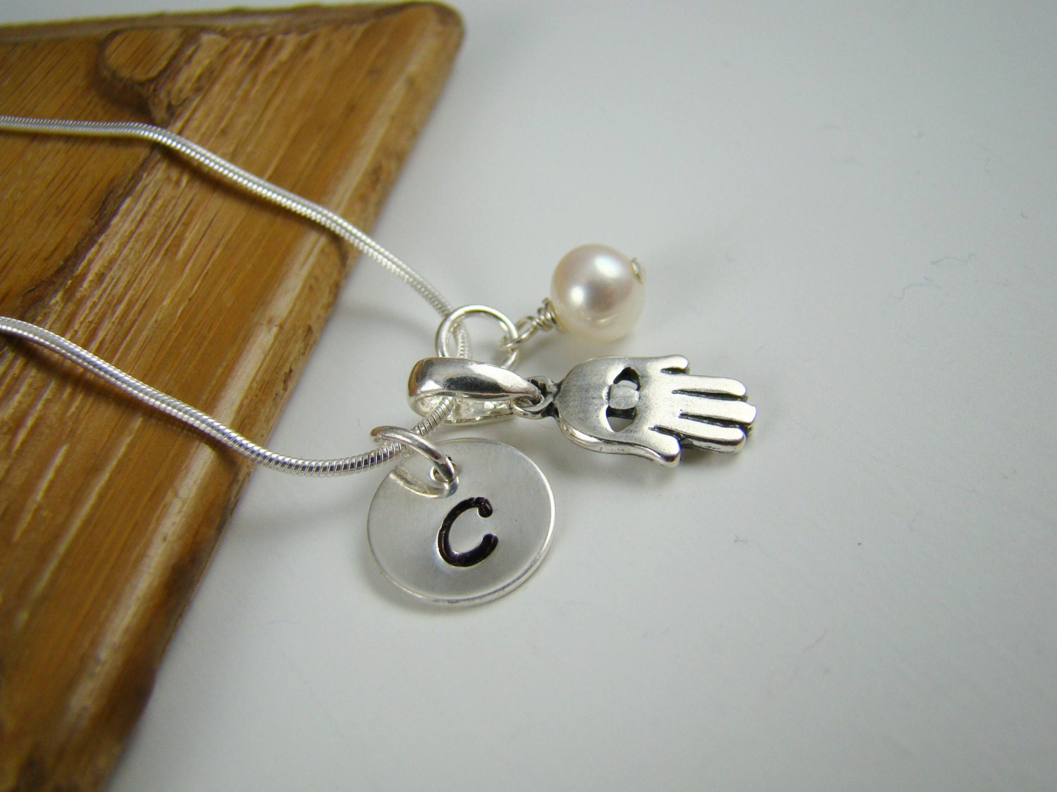 Personalized Silver Hamsa Hand Necklace, Hamsa Hand Charm, Initial Necklace, ALL STERLING SILVER