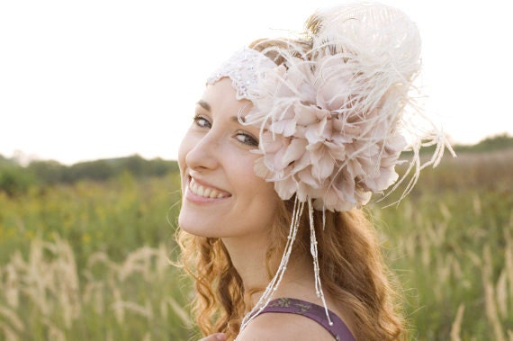 1920's-Inspired-Pale-Pink-Bridal-Headband-Weddings-Hand-Embroidered-Soft-Headpiece-Spring-Summer-Vintage-Feather-Flower-Romantic - EllaGajewskaHATS
