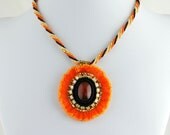 Tangerine Poppy Glass Flower Necklace, Bead Embroidered, Gold Fill and Plate Details, Tangarine Tango Beaded Necklace, Carnelian Pendant