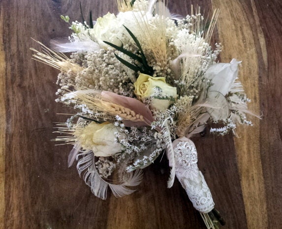 Natural Wedding Bouquet  -  Romantic Vintage Wheat Dried Rose Champagne Blush Bleached Peacock Feather Brooch Lunaria Fall Autumn Ribbon