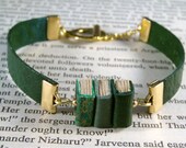 Miniature Book Bracelet Stack of 3 Mini Books and Leather Bracelet Green Gold