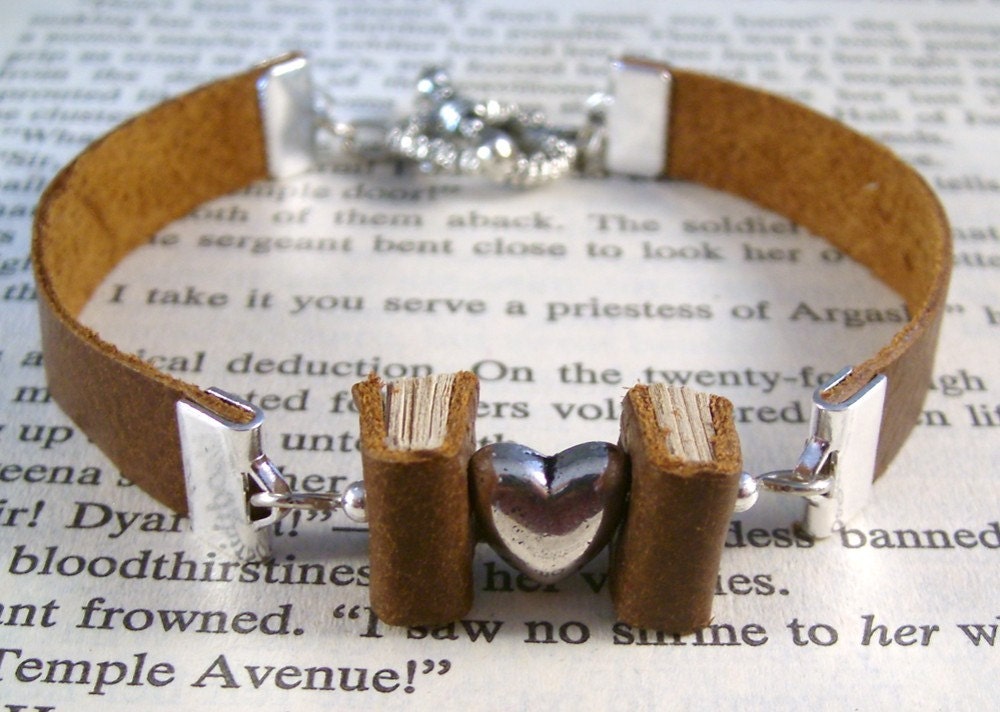 Miniature Book Bracelet My Hearts in Books Mini Stack of Books and Leather Bracelet Brown