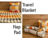 Nap Mat, puff quilt, travel blanket, baby toddler,  pillow cover, gender neutral orange and gray