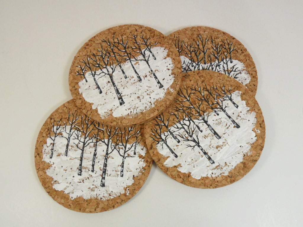 Cork Coasters Winter Snow Scene Black White Trees Hand Painted Set of 4
