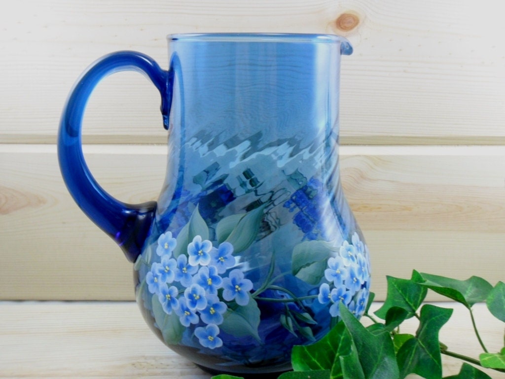 Small Cobalt Blue Pitcher Hydrangea Hand Painted
