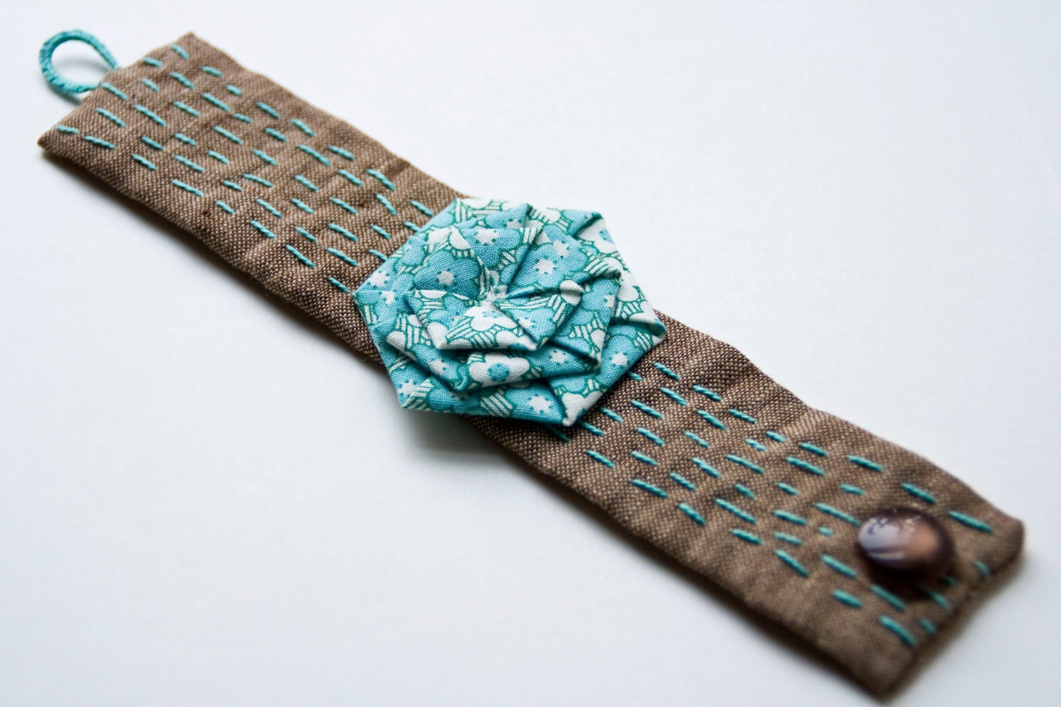 Stacked Blue Hex Flowers Embroidered Brown Linen Cuff Bracelet