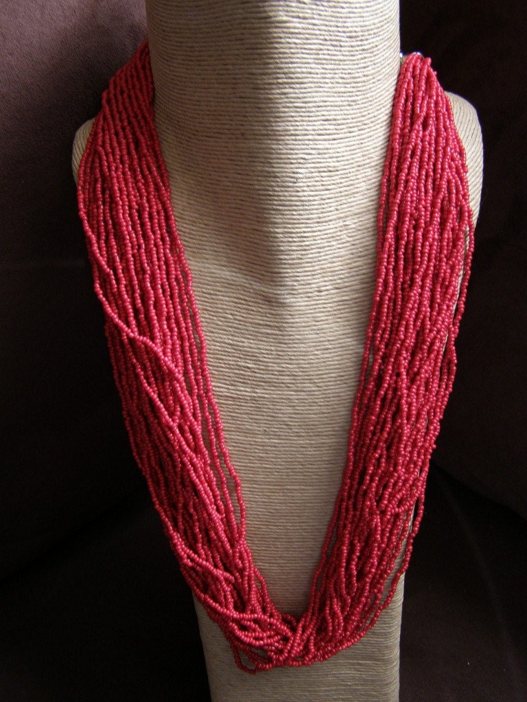 Native Multi Glass Cascade Hot RED Many Strands Native Long BIB Necklace