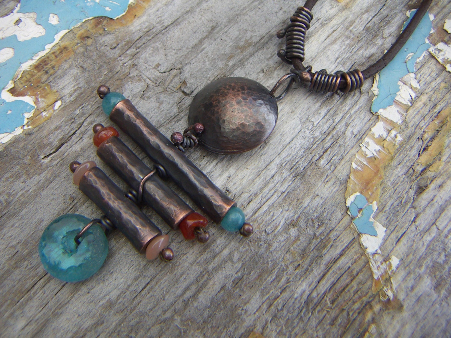 Hammered Copper Element Pendant on Leathercord