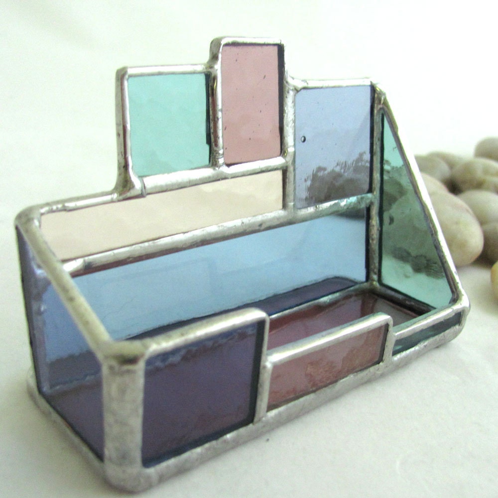 Pastel Aqua Rose Amber Blue Lavender Hand Crafted Geometric Stained Glass Business Card Holder