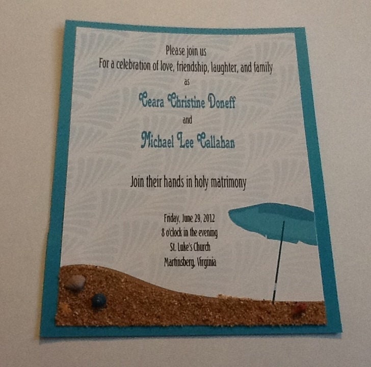 Beach Theme Wedding Invitation (shades of blue,teal, beige, tan)