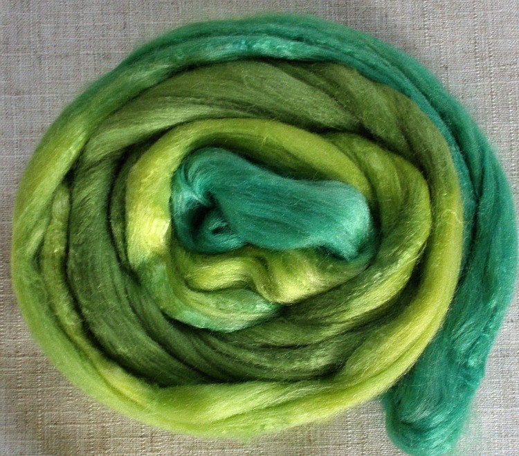 Hand Dyed Tussah Silk Top - for Blending, Spinning, Felting  - 1 oz. Green Flash