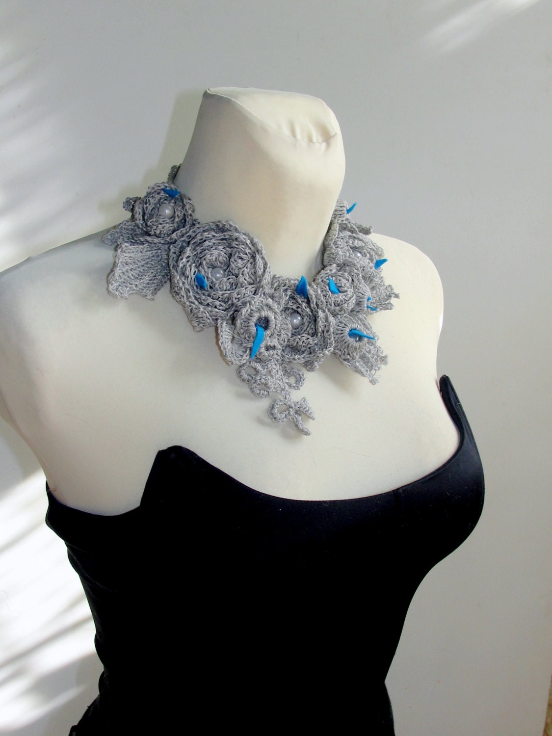Scarf  crochet  in the Spring, necklace,scarflette,jewelry,lariat,neckwarmer, in  gray linen with ecofrendly product