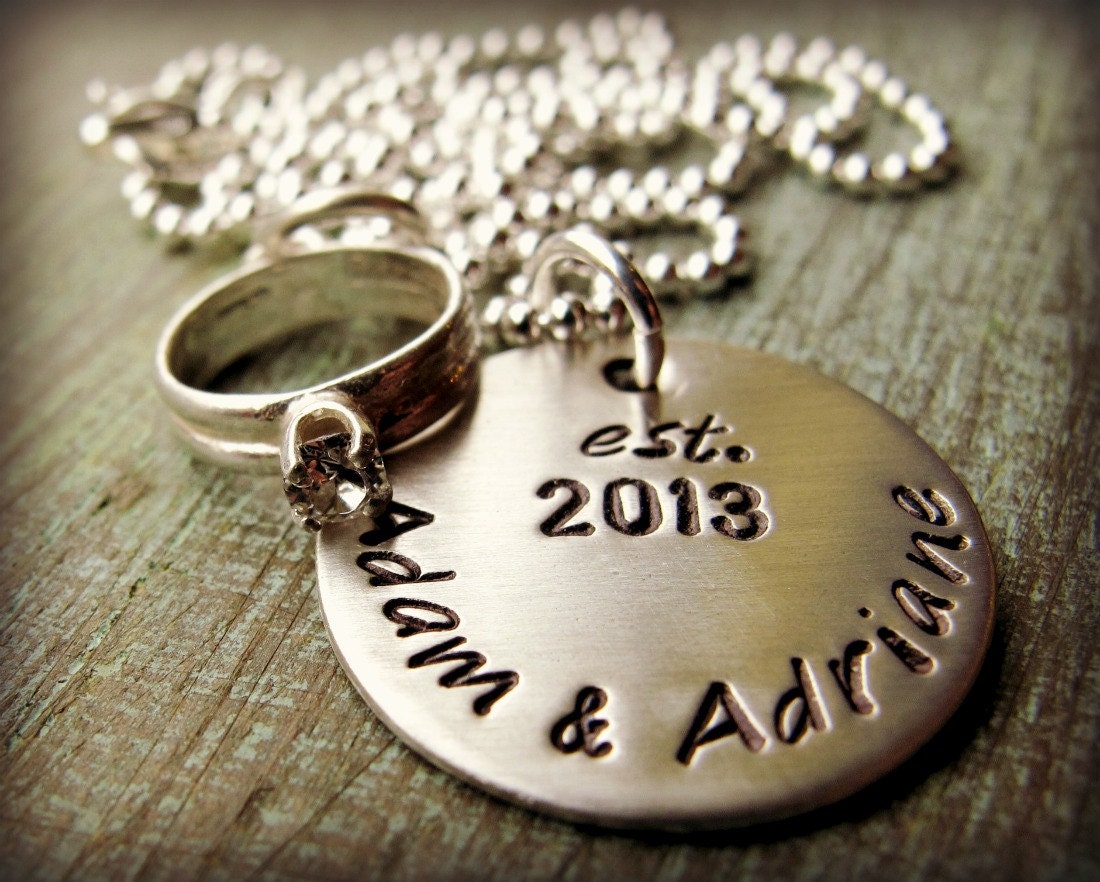 Bride and Groom Personalized Hand Stamped Engagement  necklace - Sterling Silver with Ring Charm Husband  Wife or ENGAGEMENT GIFT