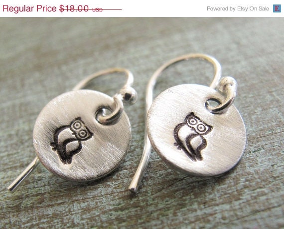 ON SALE Silver Owl Earrings - Hand Stamped - Tiny