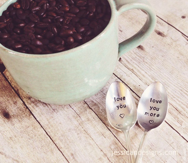 Love you & Love you More (TM) - Hand Stamped Vintage Coffee Spoon Set for Coffee Lovers