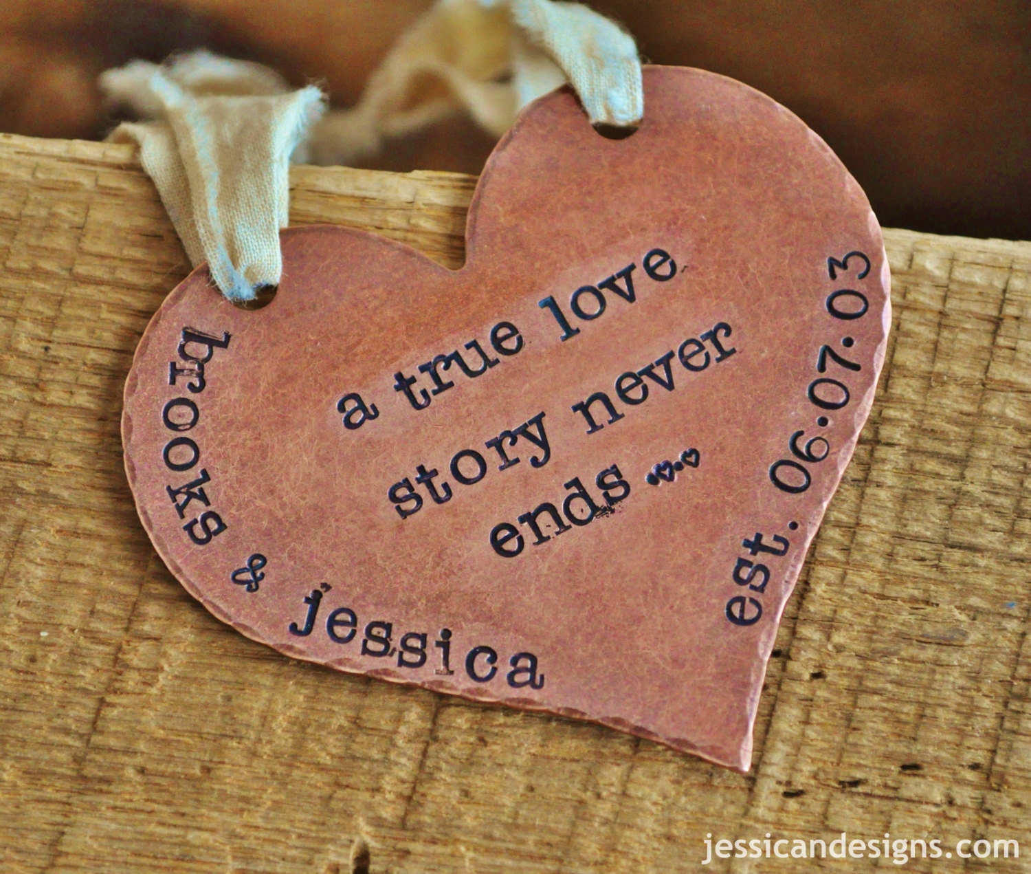 A True Love Story Never Ends -Hand Stamped Heart Wall Hanging For Your Wedding or Anniversary - Names & Date Added