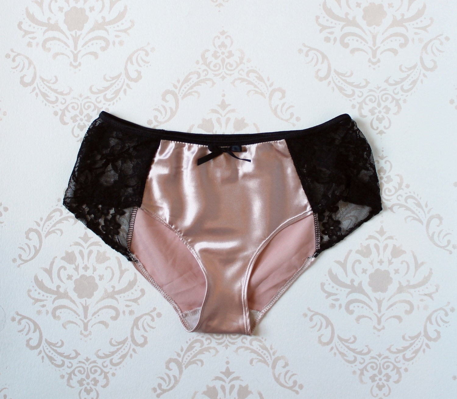 Pin-Up 'Blush and Black' Satin Hipster Panties with Lace Made to Order