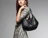 Black Leather bag purse - OPELLE Baby Ballet Bag - Soft Pebbled Leather w Zipper Pockets