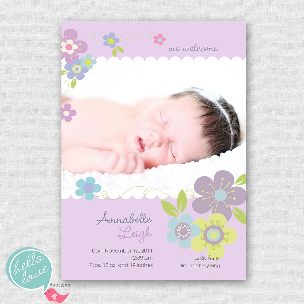 printable birth announcement - purple floral buds by hello love designs Il_570xn