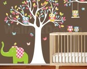 ON SALE Tree Decal Nursery Wall Stickers Colorful Tree Owl Wall Decal Elephant