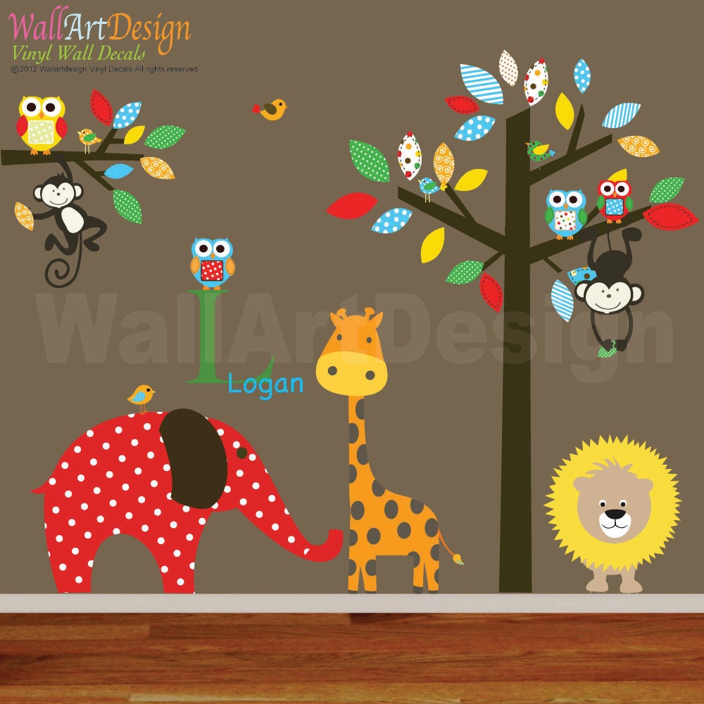 Giraffe,elephant,monkey nursery wall decal sticker vinyl tree and branch jungle decals