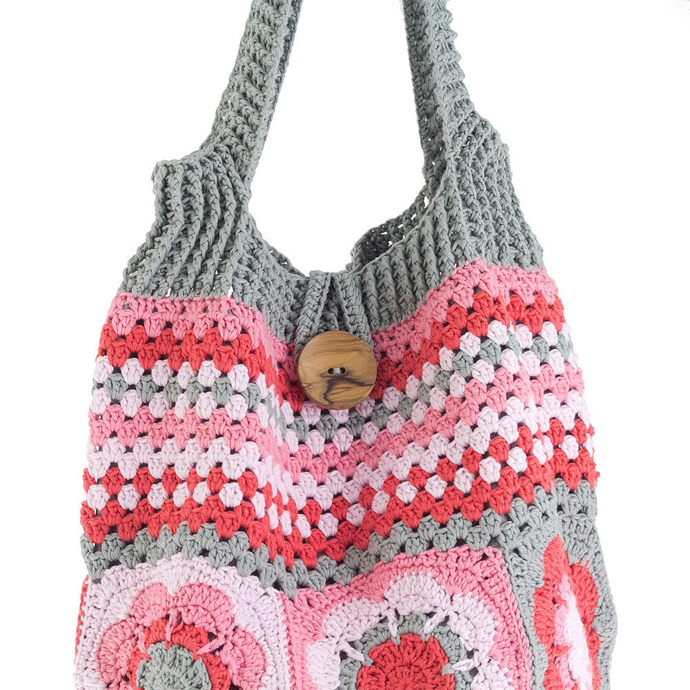 Colorful flower and striped crochet shoulder bag