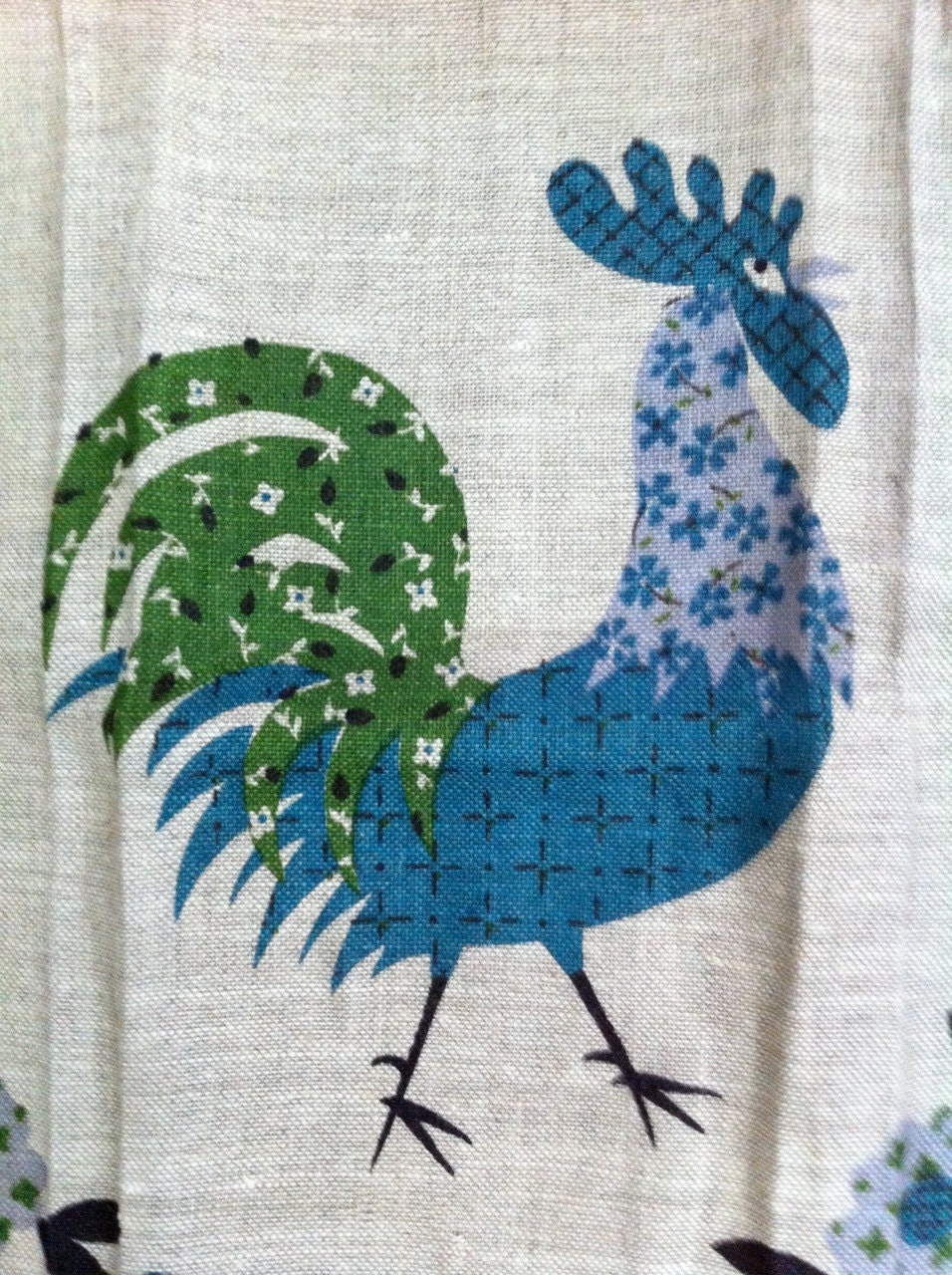 Vintage Luther Travis Mid Century Modern Linen Dish Towel Blue and Green Rooster by Modern Logic