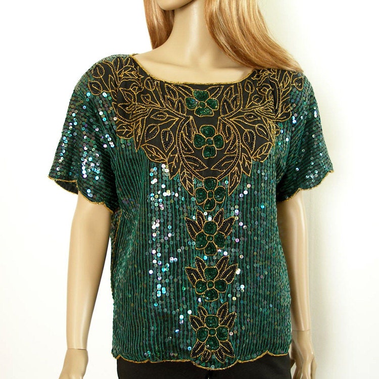 1980s Sequin Top / 80s Teal Green Black Beaded Blouse Top / Large