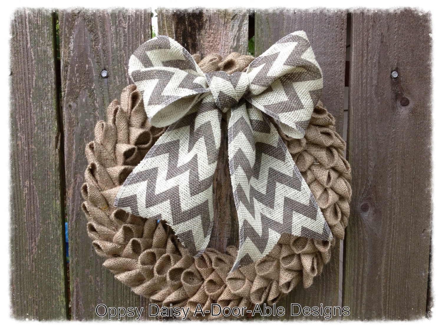 16" petal burlap wreath with chevron burlap bow, shabby chic burlap bubble wreath, year around wreath, burlap wreath