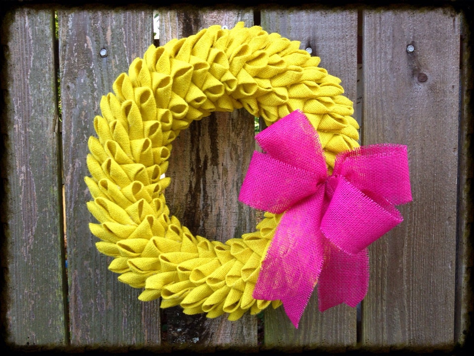 16" petal bubble yellow burlap wreath pink burlap bow, shabby chic wreath, year around wreath, burlap wreath