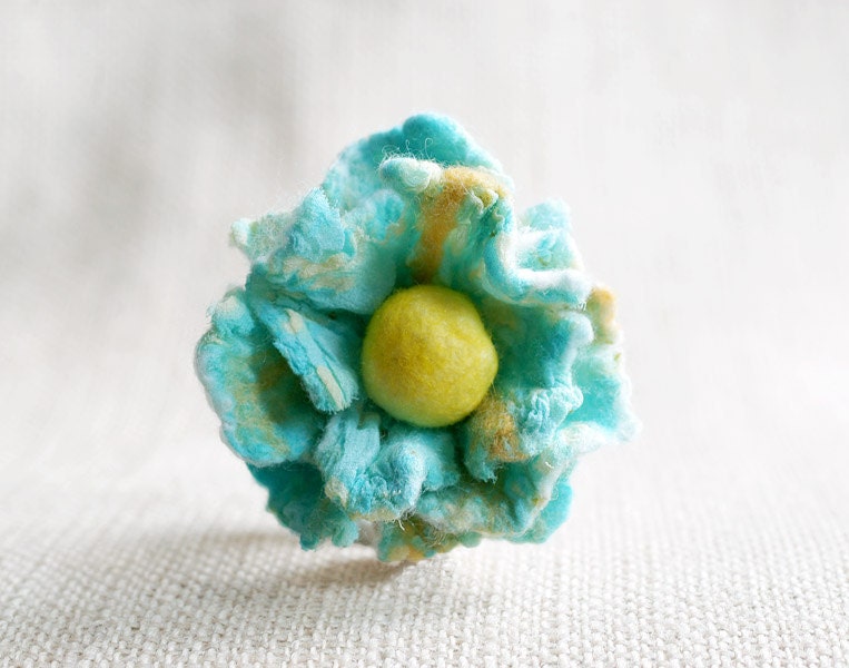 Summer flower pin felt silk brooch nuno felted gift green mint blue yellow - gifts under 25