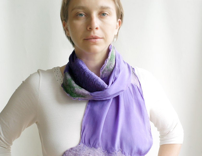 Purple silk scarf wool felted light summer lavender green textured neck accessory - gift for her