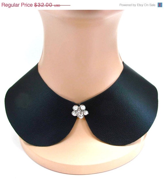 ON SALE till 5/27 - Black Leather Collar Necklace - Peter Pan Detachable Bib - Statement Piece