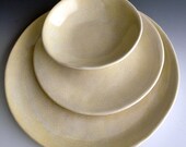 Handmade organic slab dinnerware place settings set of three pieces, dinner plate, side plate, dessert bowl, in pale yellow crackle