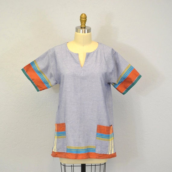 1970s ethnic tunic top / summer stripe / medium