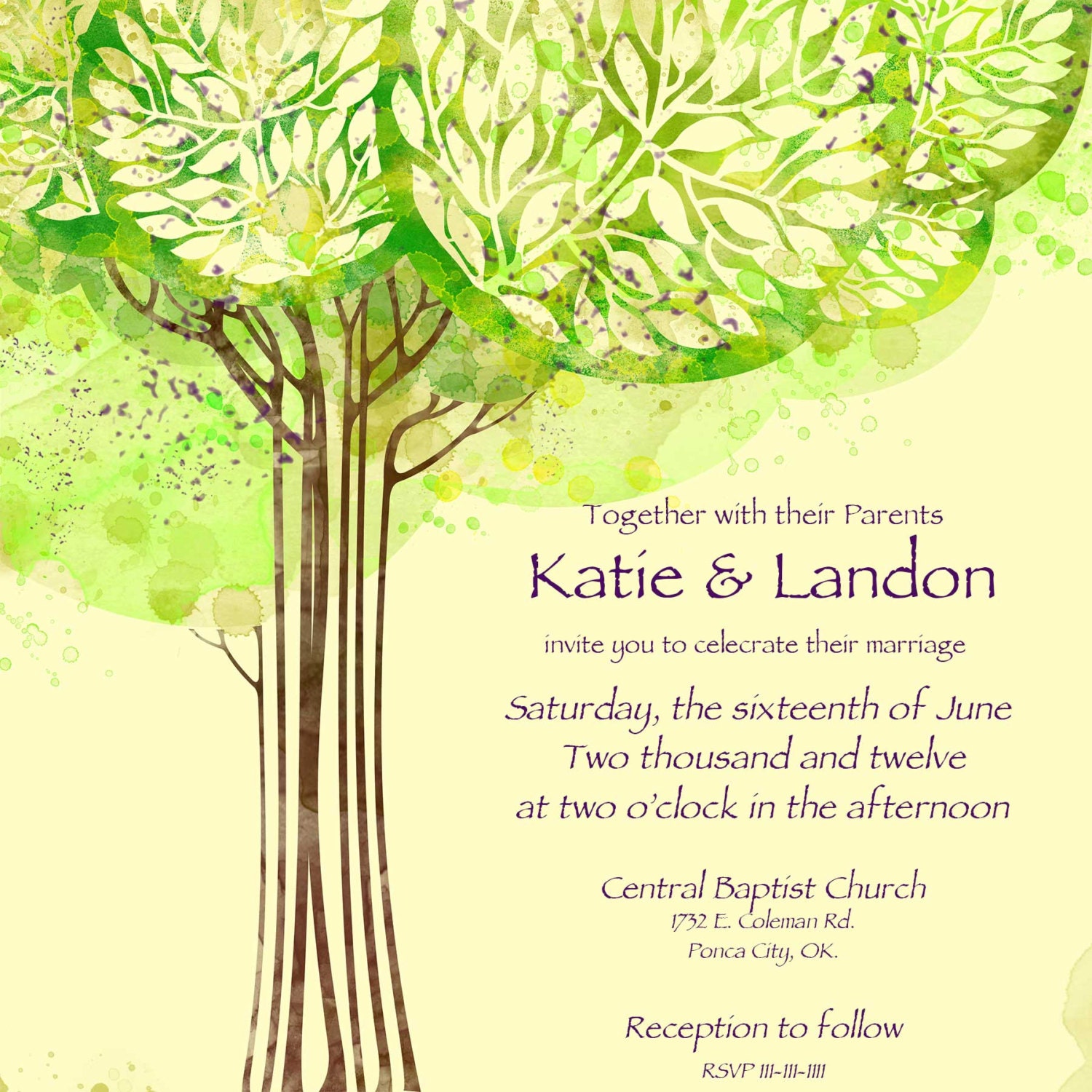 Square Watercolor Trees  Wedding Invitation Printed or PDF Download