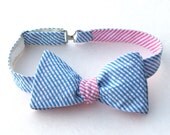 Men's Reversible Bow Tie - Turquoise Seersucker and Cotton Candy Pink Seersucker